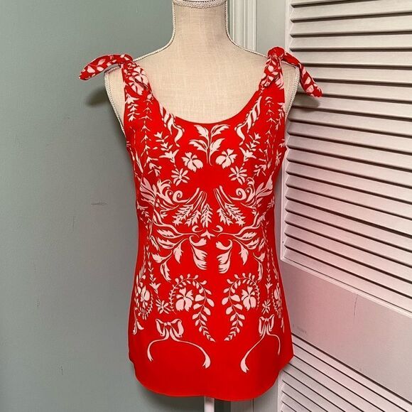 CAbi red white floral bohemian mosaic sleeveless tie shoulder silky tank top - Picture 6 of 6